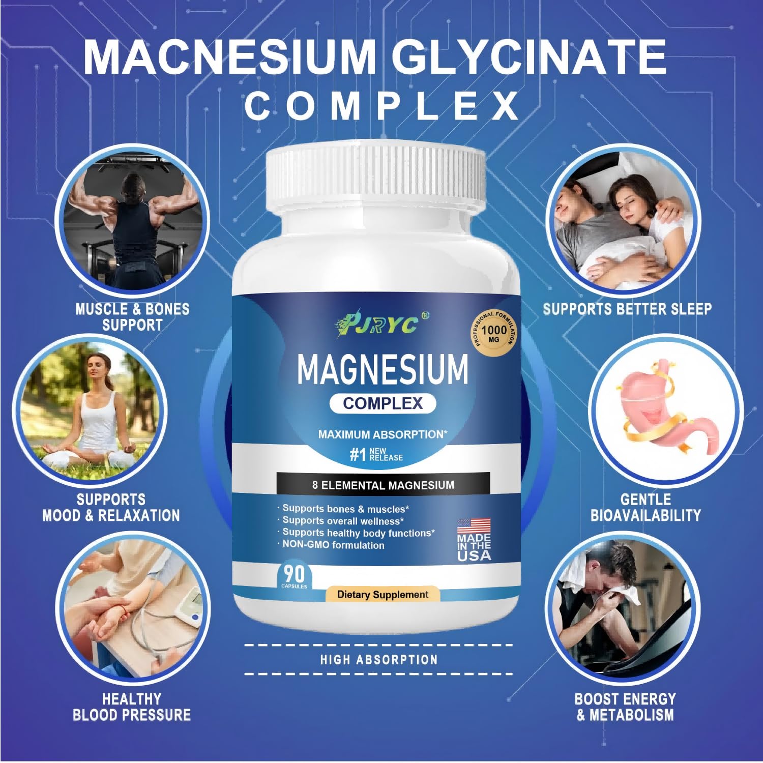 Magnesium Complex Supplement - 1000mg with 8 Magnesium Forms: Glycinate, Citrate, Malate, Taurate & Orotate - Supports Muscle Function, Bone Strength & Relaxation - Vegan, Non-GMO - 180 Capsules - Maple Wellness Supplements
