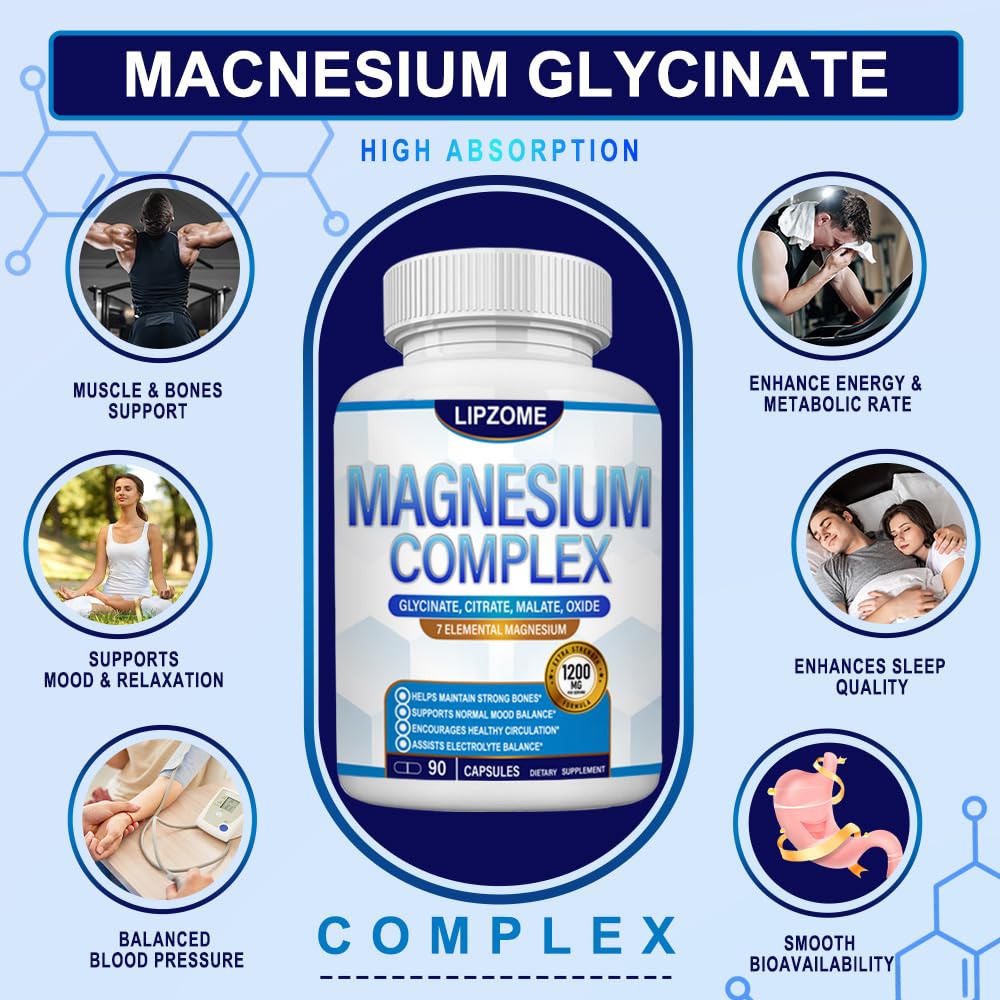 Magnesium Complex Supplement 1200mg - Advanced 7-in-1 Magnesium Blend - Glycinate, Citrate, Malate, Taurate, Oxide, Aspartate, Orotate – High Absorption Formula – Non-GMO, 90 Capsules - Maple Wellness Supplements