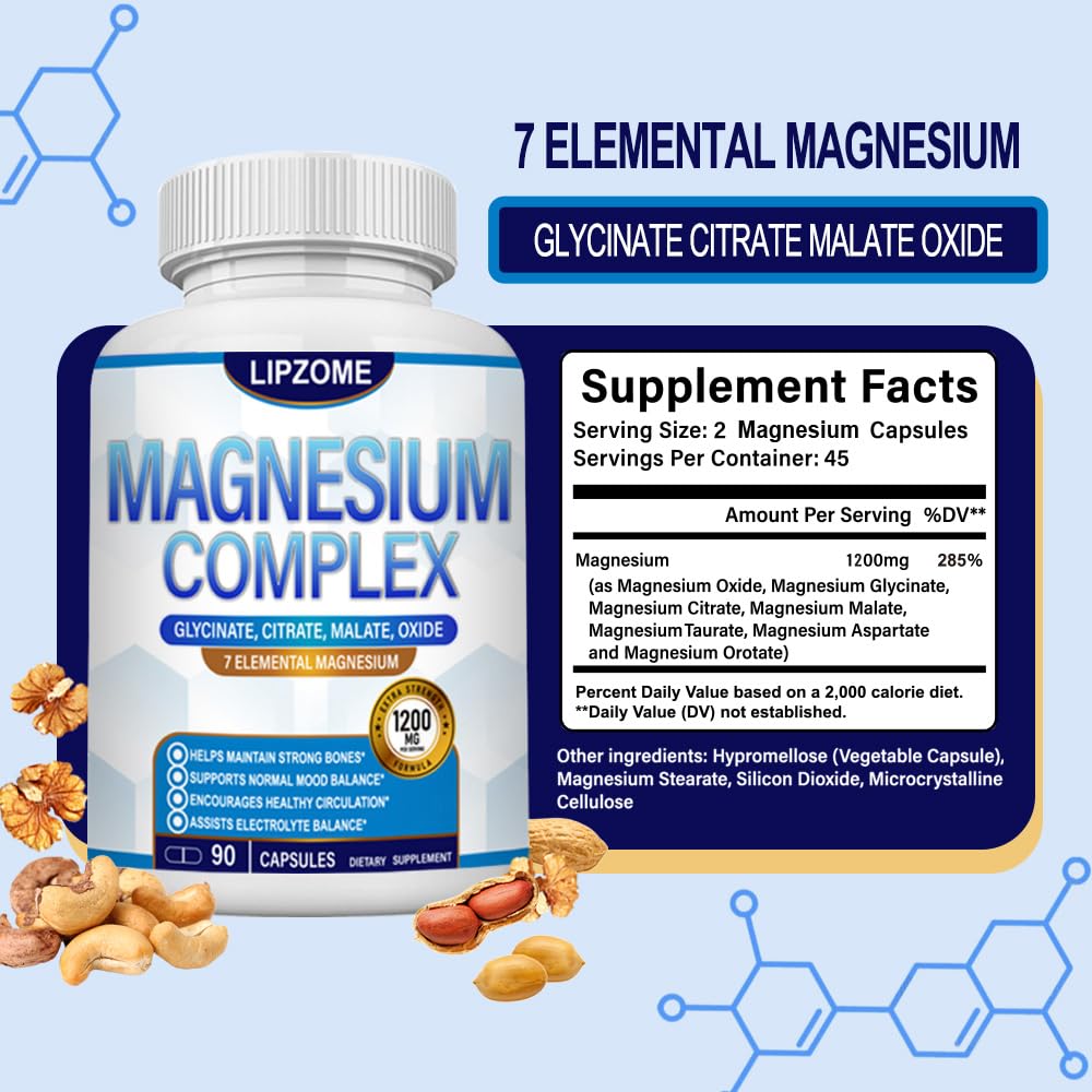 Magnesium Complex Supplement 1200mg - Advanced 7-in-1 Magnesium Blend - Glycinate, Citrate, Malate, Taurate, Oxide, Aspartate, Orotate – High Absorption Formula – Non-GMO, 90 Capsules - Maple Wellness Supplements