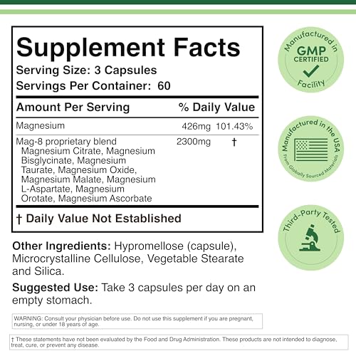 Magnesium Complex Supplement 180 Capsules (426mg Elemental Magnesium Provided by 2,300mg of Eight Different Forms of Magnesium) MAG-8 Provides 100% Daily Recommended Value of Magnesium by Double Wood - Maple Wellness Supplements