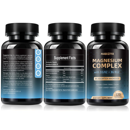 Magnesium Complex Supplement 600mg with with D3 K2 MK7 & B Vitamins High Absorption Capsules with Glycinate, Citrate & Malate,Taurate Relaxation,Muscle,Heart Support, Vegan 120 Capsules - Maple Wellness Supplements