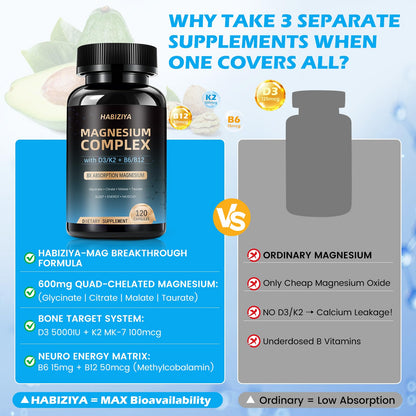 Magnesium Complex Supplement 600mg with with D3 K2 MK7 & B Vitamins High Absorption Capsules with Glycinate, Citrate & Malate,Taurate Relaxation,Muscle,Heart Support, Vegan 120 Capsules - Maple Wellness Supplements