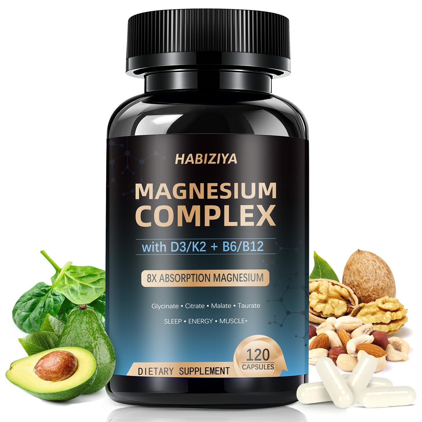 Magnesium Complex Supplement 600mg with with D3 K2 MK7 & B Vitamins High Absorption Capsules with Glycinate, Citrate & Malate,Taurate Relaxation,Muscle,Heart Support, Vegan 120 Capsules - Maple Wellness Supplements