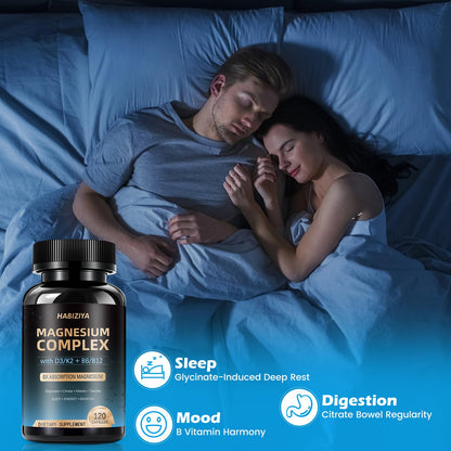 Magnesium Complex Supplement 600mg with with D3 K2 MK7 & B Vitamins High Absorption Capsules with Glycinate, Citrate & Malate,Taurate Relaxation,Muscle,Heart Support, Vegan 120 Capsules - Maple Wellness Supplements