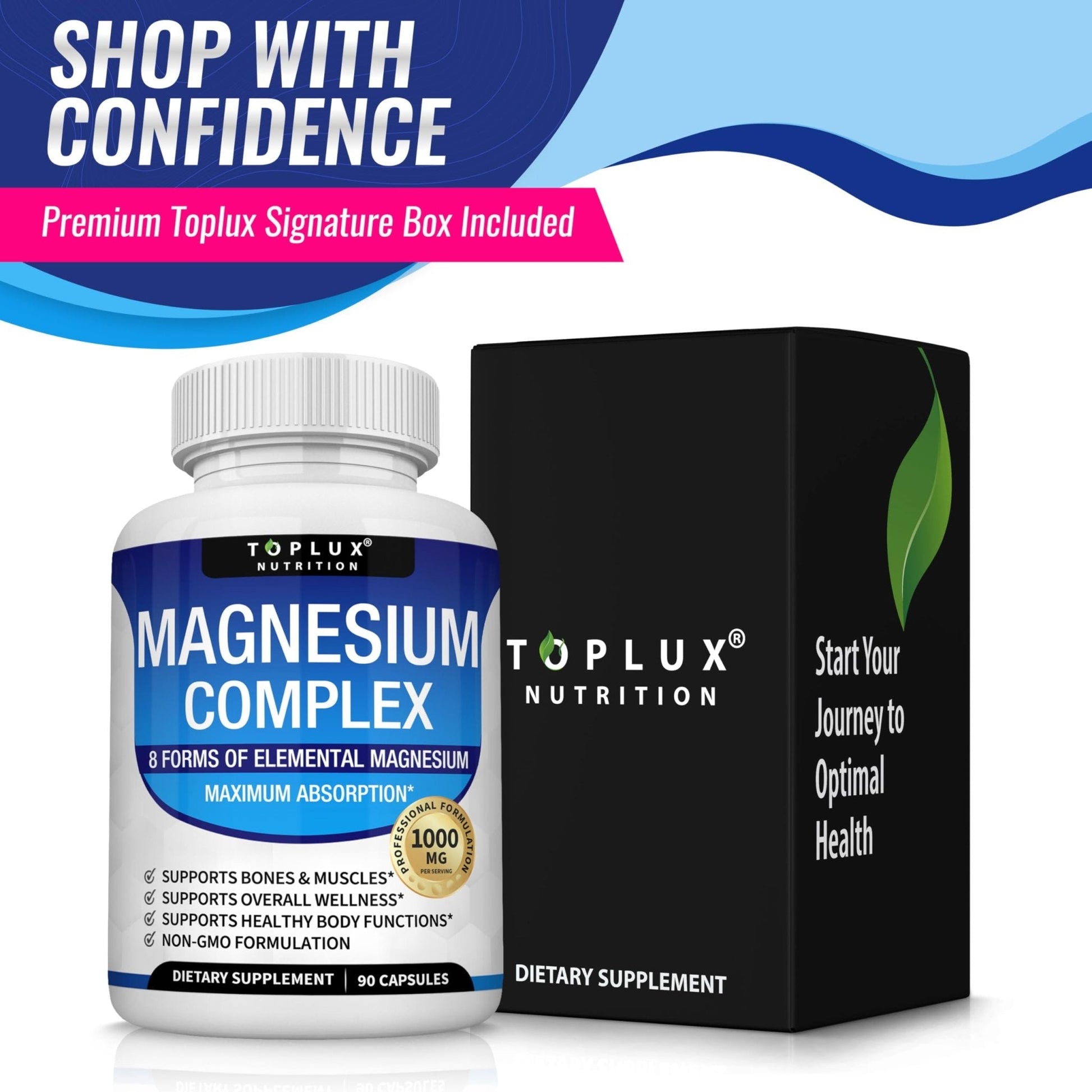 Magnesium Complex Supplement 8 Elemental 1000mg - Magnesium Glycinate, Citrate, Malate, Taurate, Chelated for Easy Absorption for Bones, Muscle, Recovery, Energy, Vegan Non-GMO 90 Capsules - Maple Wellness Supplements
