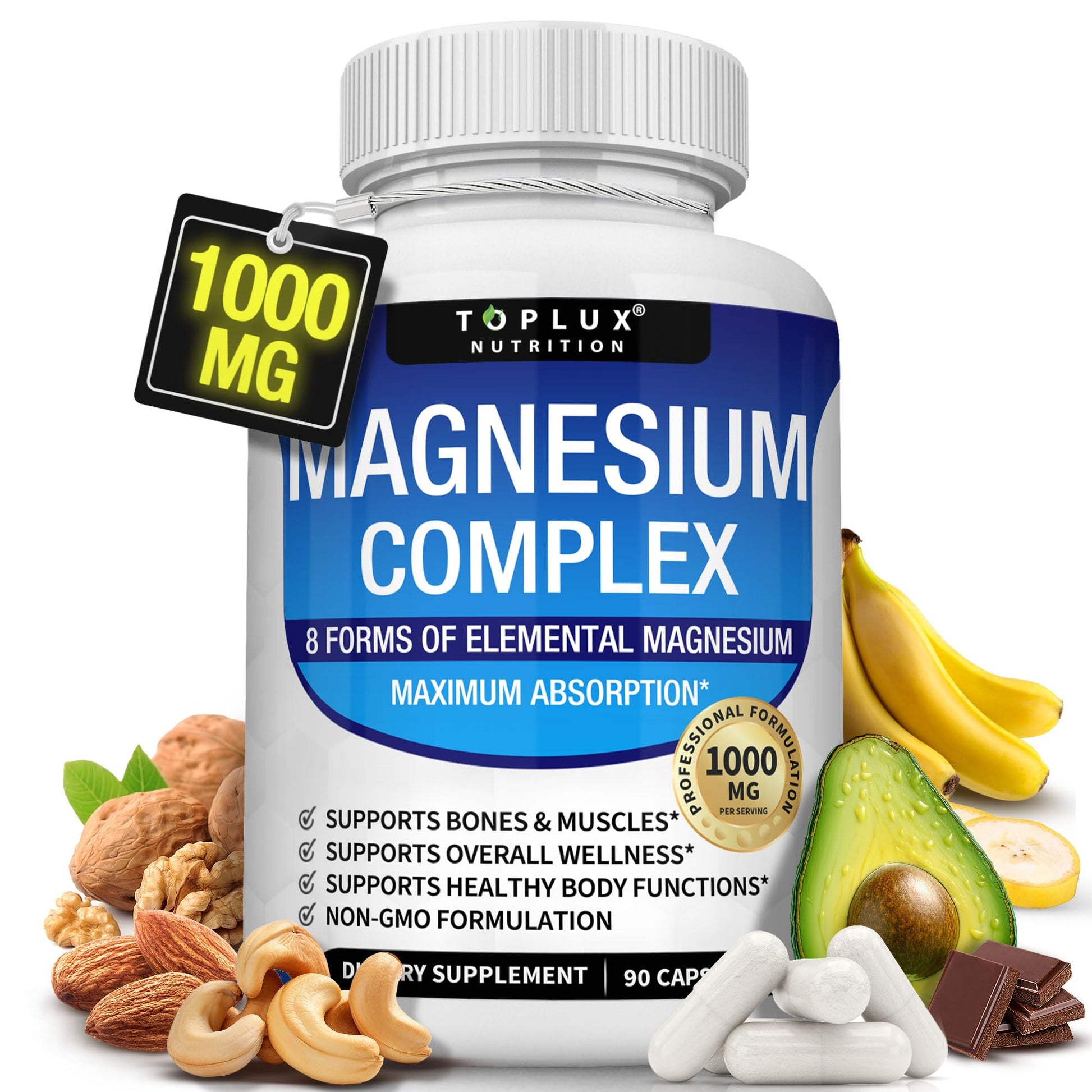 Magnesium Complex Supplement 8 Elemental 1000mg - Magnesium Glycinate, Citrate, Malate, Taurate, Chelated for Easy Absorption for Bones, Muscle, Recovery, Energy, Vegan Non-GMO 90 Capsules - Maple Wellness Supplements