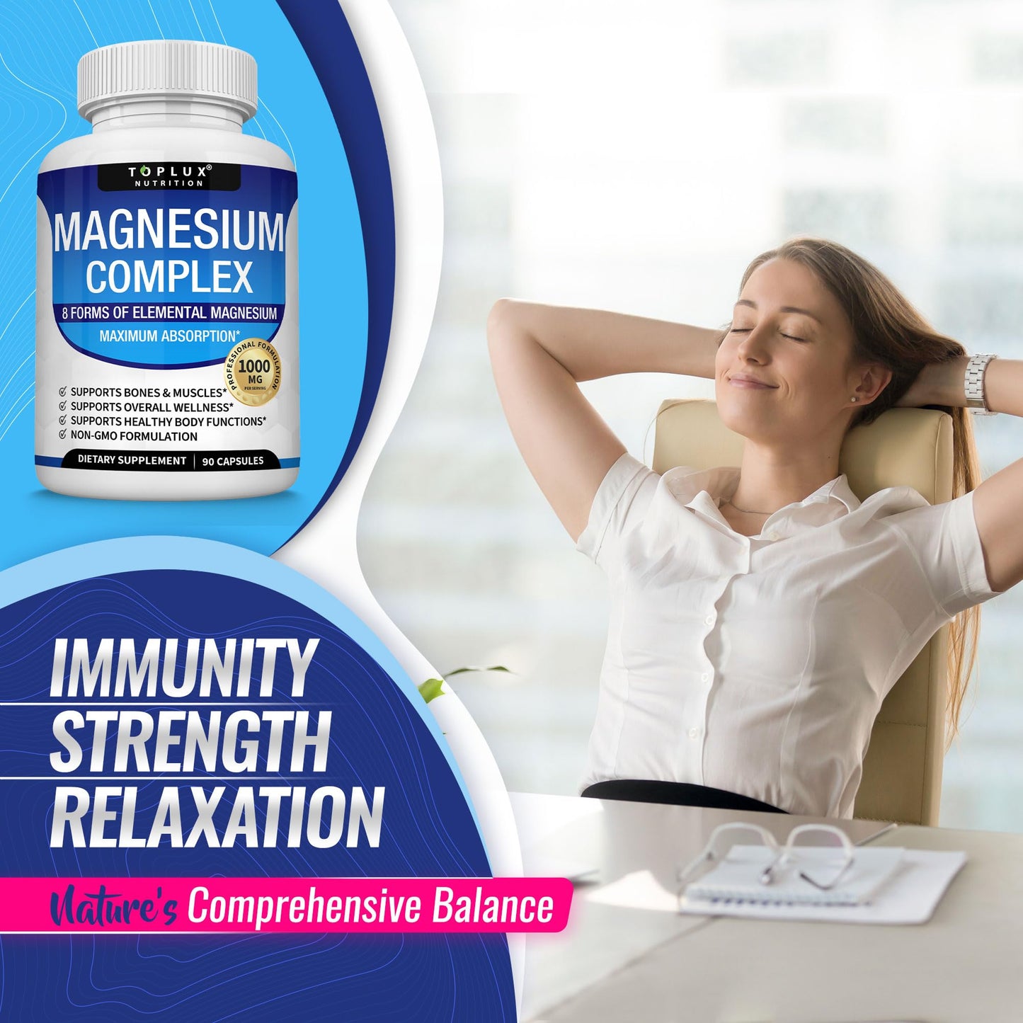 Magnesium Complex Supplement 8 Elemental 1000mg - Magnesium Glycinate, Citrate, Malate, Taurate, Chelated for Easy Absorption for Bones, Muscle, Recovery, Energy, Vegan Non-GMO 90 Capsules - Maple Wellness Supplements