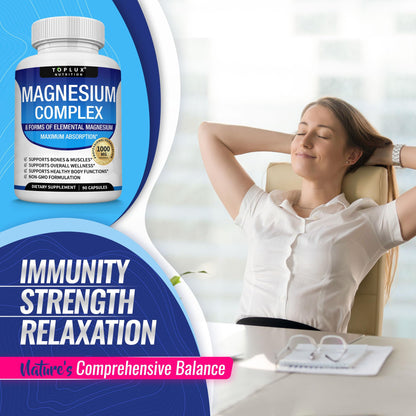 Magnesium Complex Supplement 8 Elemental 1000mg - Magnesium Glycinate, Citrate, Malate, Taurate, Chelated for Easy Absorption for Bones, Muscle, Recovery, Energy, Vegan Non-GMO 90 Capsules - Maple Wellness Supplements