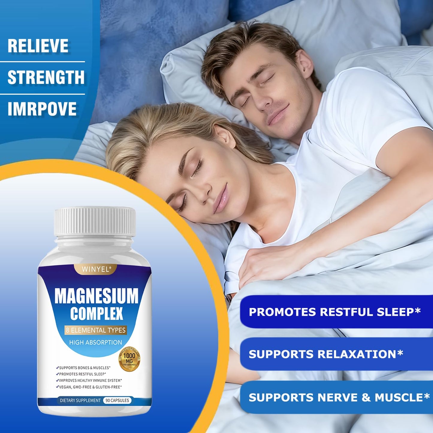 Magnesium Complex Supplement 8 Elemental 1000mg | Magnesium Supplement with Glycinate, Malate, Citrate | Sleep, Relaxation, Bone & Muscle | Vegan 90 Capsules - Maple Wellness Supplements