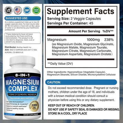Magnesium Complex Supplement 8 Elemental 1000mg with Glycinate,Citrate for Muscle, Recovery, Stress, Energy, Bone Health, Vegan Non-GMO 180 Capsules, Magnesium Supplement for Women, Men, 2 Bottle - Maple Wellness Supplements