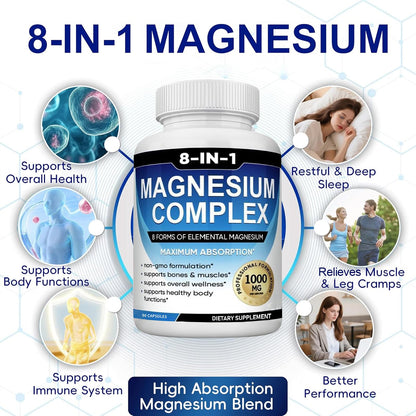 Magnesium Complex Supplement 8 Elemental 1000mg with Glycinate,Citrate for Muscle, Recovery, Stress, Energy, Bone Health, Vegan Non-GMO 180 Capsules, Magnesium Supplement for Women, Men, 2 Bottle - Maple Wellness Supplements
