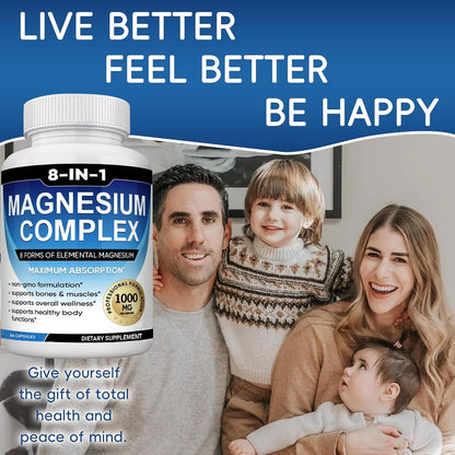 Magnesium Complex Supplement 8 Elemental 1000mg with Glycinate,Citrate for Muscle, Recovery, Stress, Energy, Bone Health, Vegan Non-GMO 180 Capsules, Magnesium Supplement for Women, Men, 2 Bottle - Maple Wellness Supplements