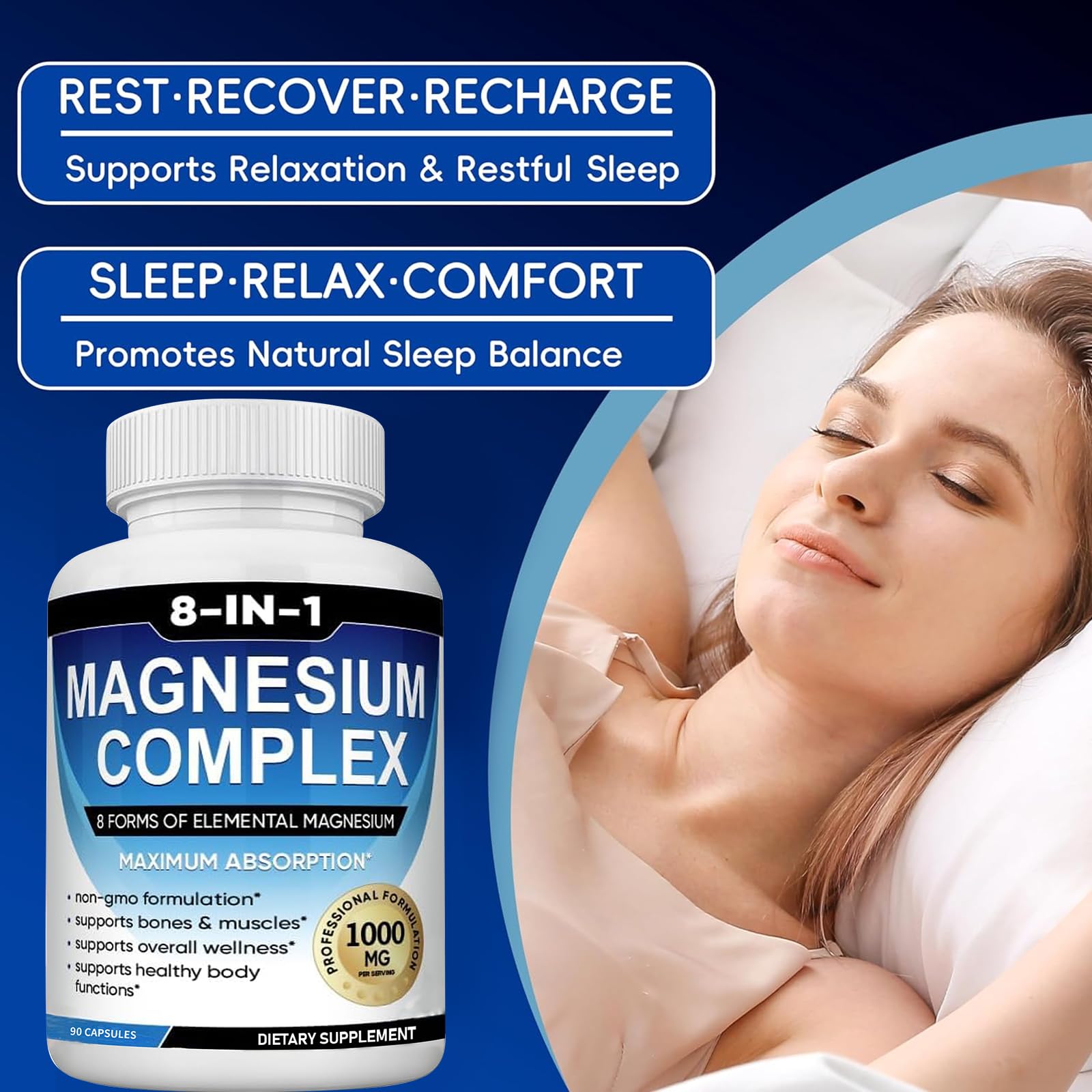 Magnesium Complex Supplement 8 Elemental 1000mg with Glycinate,Citrate for Muscle, Recovery, Stress, Energy, Bone Health, Vegan Non-GMO 180 Capsules, Magnesium Supplement for Women, Men, 2 Bottle - Maple Wellness Supplements
