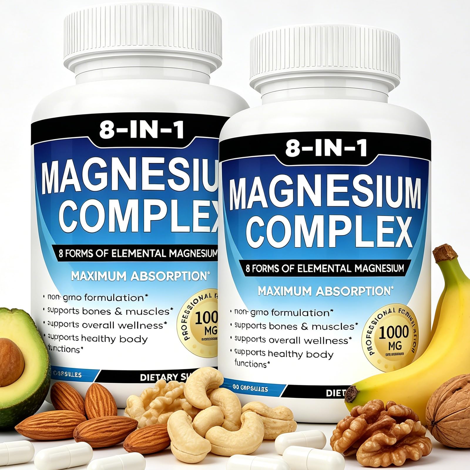 Magnesium Complex Supplement 8 Elemental 1000mg with Glycinate,Citrate for Muscle, Recovery, Stress, Energy, Bone Health, Vegan Non-GMO 180 Capsules, Magnesium Supplement for Women, Men, 2 Bottle - Maple Wellness Supplements