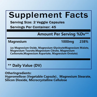 Magnesium Complex Supplement - 8 Elemental Magnesium 1000mg - Glycinate, Citrate, Malate, Taurate Chelated | Easy Absorption, Energy Support | Vegan Non-GMO, 90 Capsules (1pc) - Maple Wellness Supplements