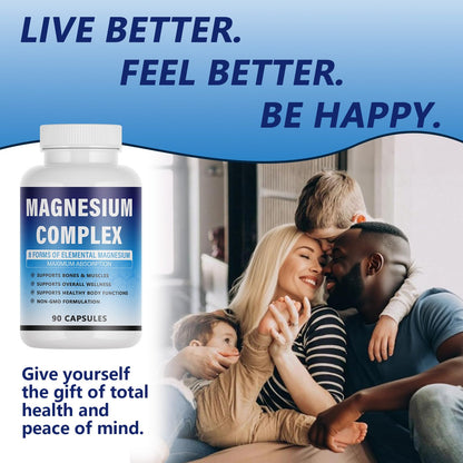 Magnesium Complex Supplement - 8 Elemental Magnesium 1000mg - Glycinate, Citrate, Malate, Taurate Chelated | Easy Absorption, Energy Support | Vegan Non-GMO, 90 Capsules (1pc) - Maple Wellness Supplements