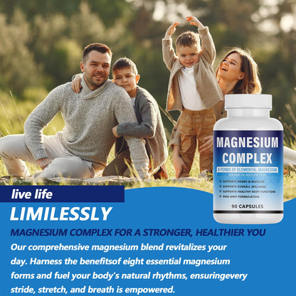 Magnesium Complex Supplement - 8 Elemental Magnesium 1000mg - Glycinate, Citrate, Malate, Taurate Chelated | Easy Absorption, Energy Support | Vegan Non-GMO, 90 Capsules (1pc) - Maple Wellness Supplements