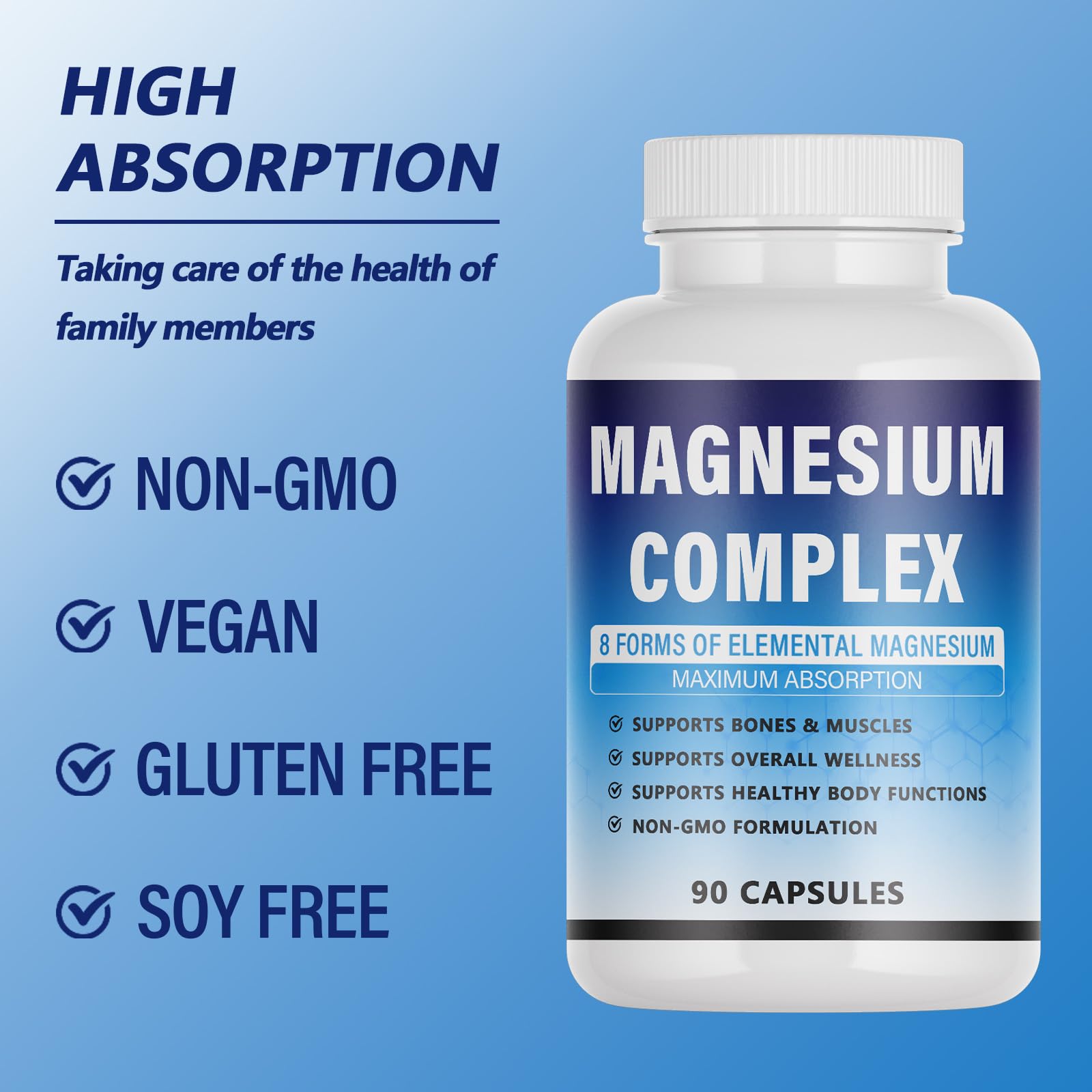 Magnesium Complex Supplement - 8 Elemental Magnesium 1000mg - Glycinate, Citrate, Malate, Taurate Chelated | Easy Absorption, Energy Support | Vegan Non-GMO, 90 Capsules (1pc) - Maple Wellness Supplements