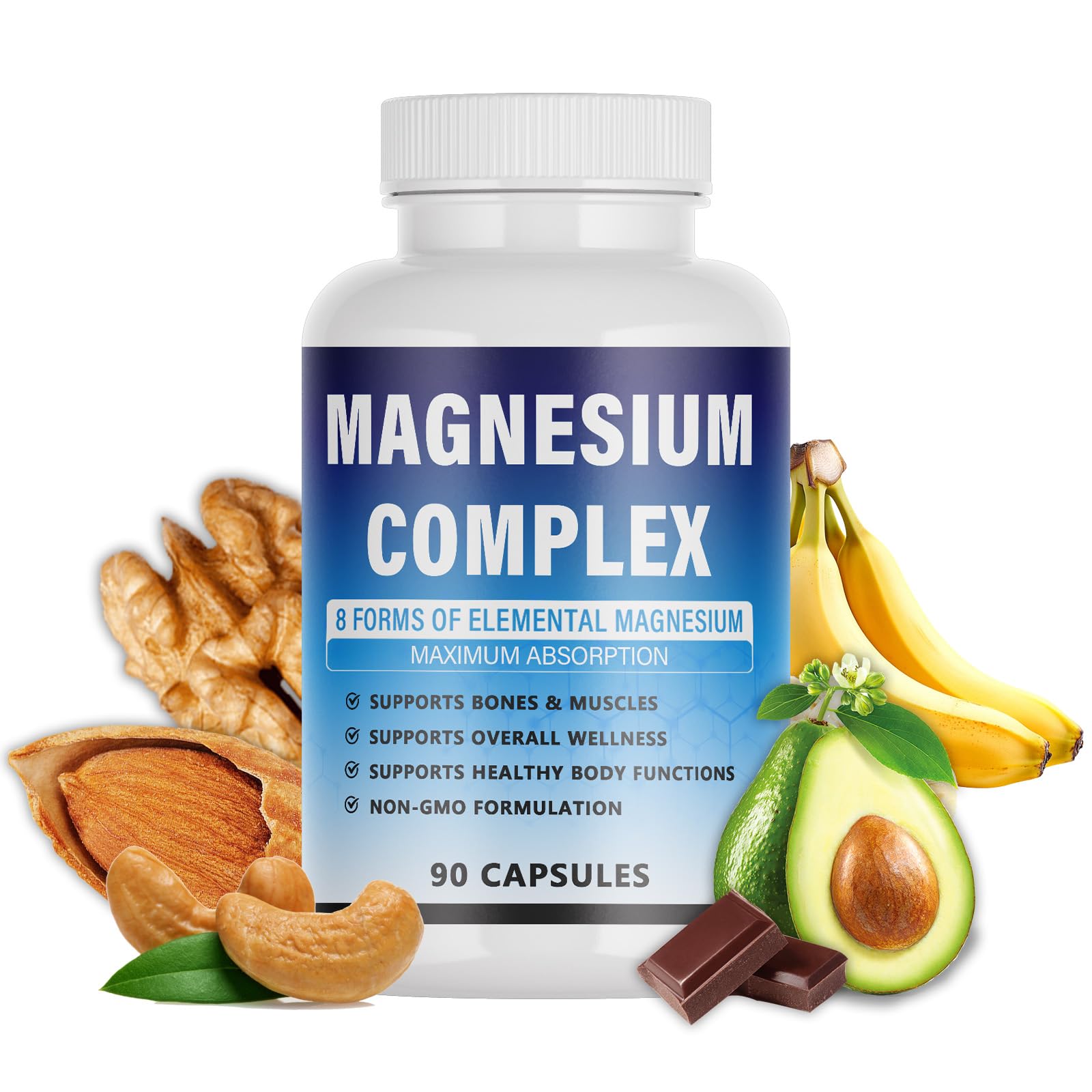 Magnesium Complex Supplement - 8 Elemental Magnesium 1000mg - Glycinate, Citrate, Malate, Taurate Chelated | Easy Absorption, Energy Support | Vegan Non-GMO, 90 Capsules (1pc) - Maple Wellness Supplements