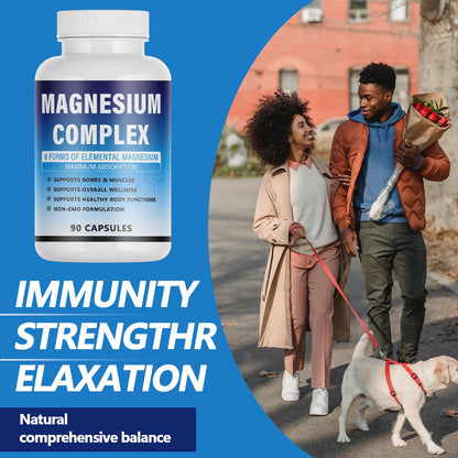 Magnesium Complex Supplement - 8 Elemental Magnesium 1000mg - Glycinate, Citrate, Malate, Taurate Chelated | Easy Absorption, Energy Support | Vegan Non-GMO, 90 Capsules (1pc) - Maple Wellness Supplements
