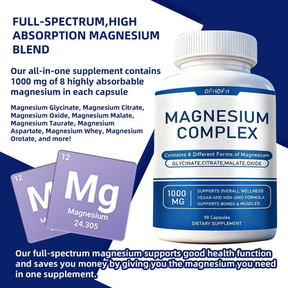 Magnesium Complex Supplement 8 Elemental - Magnesium Glycinate, Citrate, Malate, Oxide | Easy Absorption for Bones, Muscle, Energy, Vegan, Non-GMO 90 Capsules (1pc) - Maple Wellness Supplements