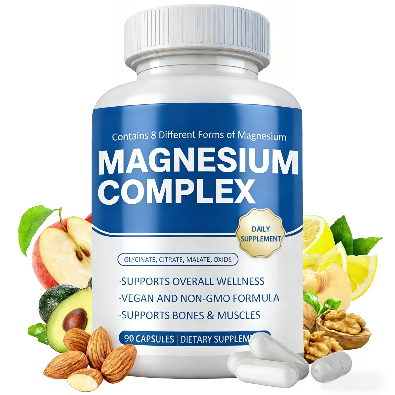 Magnesium Complex Supplement 8 Elemental - Magnesium Glycinate, Citrate, Malate, Oxide | Easy Absorption for Bones, Muscle, Energy, Vegan, Non-GMO 90 Capsules (1pc) - Maple Wellness Supplements