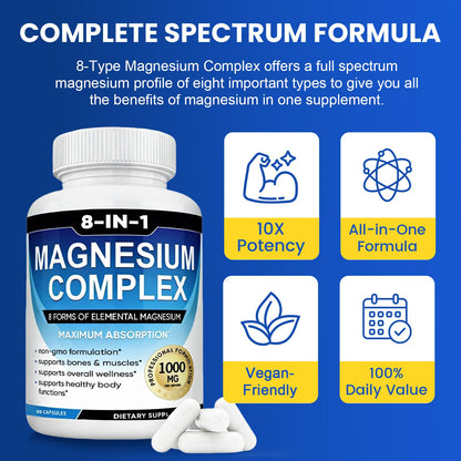 Magnesium Complex Supplement 8-in-1 Elemental 1000mg, Magnesium Glycinate, Malate & Citrate, Vegan, Non-GMO 90 Capsules - Maple Wellness Supplements