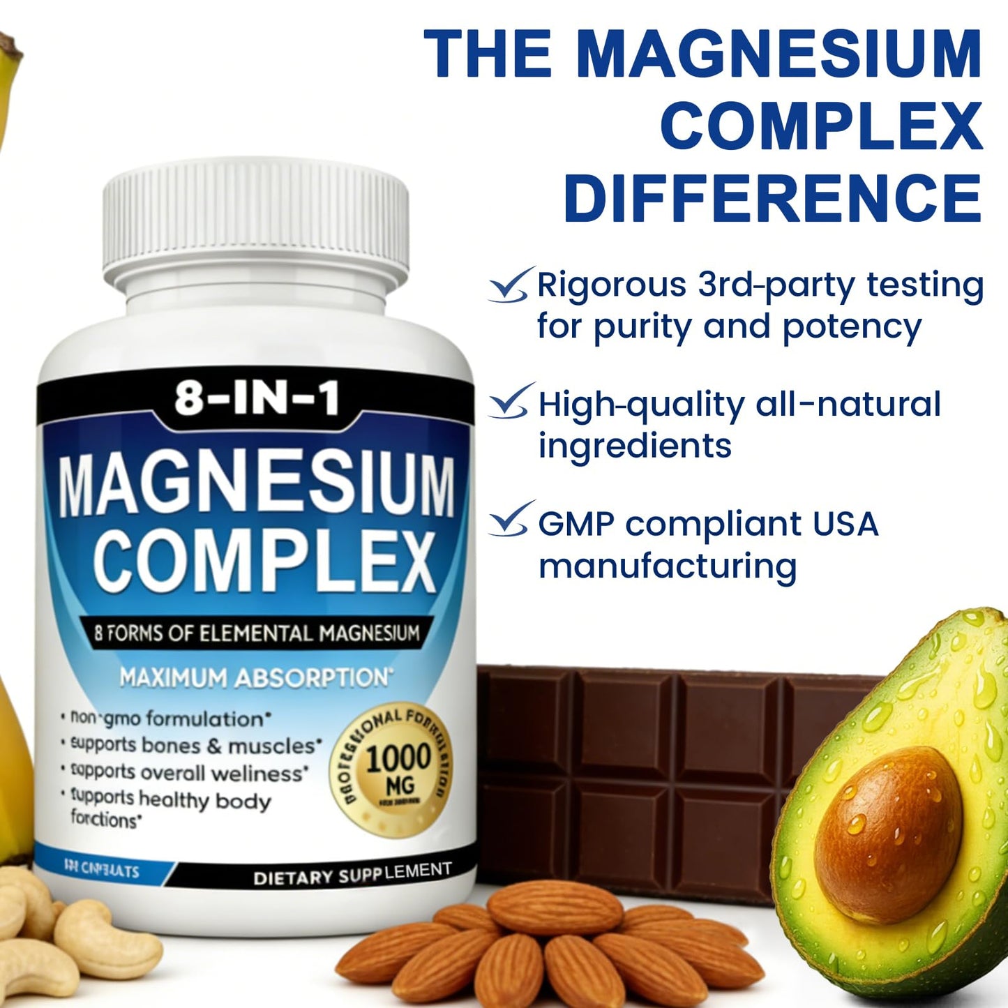 Magnesium Complex Supplement 8-in-1 Elemental 1000mg, Magnesium Glycinate, Malate & Citrate, Vegan, Non-GMO 90 Capsules - Maple Wellness Supplements