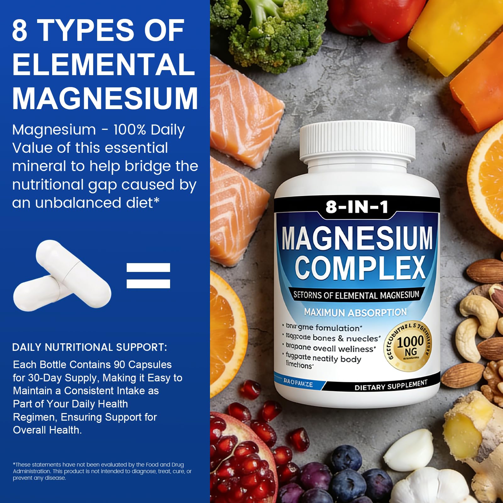 Magnesium Complex Supplement 8-in-1 Elemental 1000mg, Magnesium Glycinate, Malate & Citrate, Vegan, Non-GMO 90 Capsules - Maple Wellness Supplements