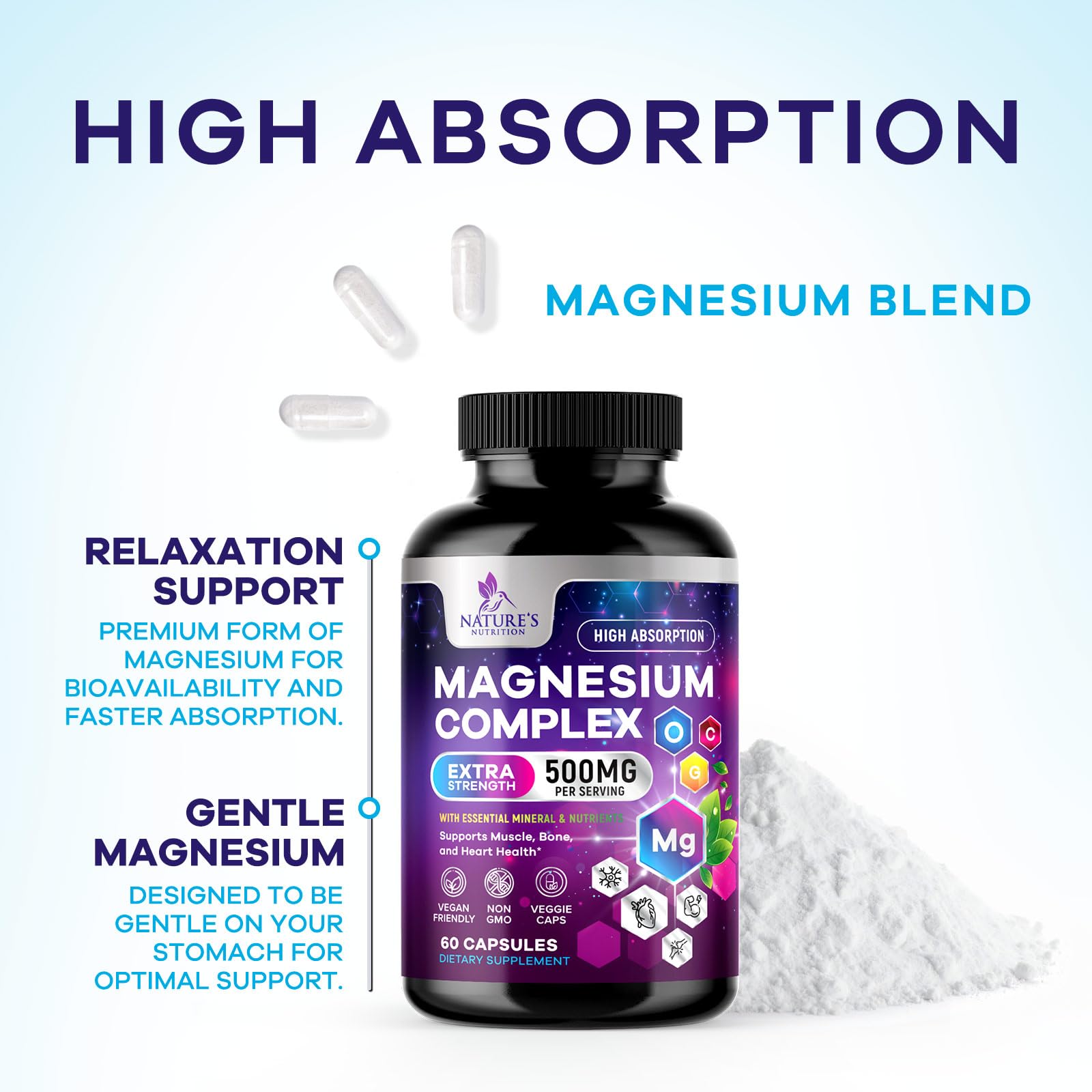 Magnesium Complex Supplement - Magnesium 500 mg Per Serving - 4 in 1 High Absorption Blend - 100% Chelated Magnesium Glycinate with Malate, Citrate & Oxide - Vegan Complex - USA Bottled - 60 Capsules - Maple Wellness Supplements