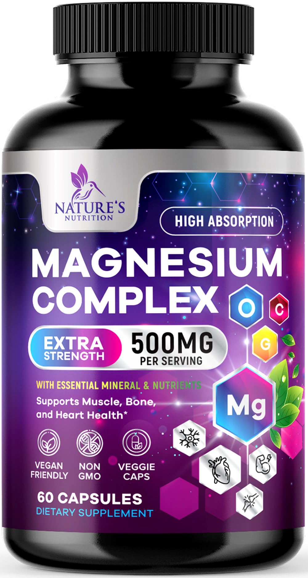 Magnesium Complex Supplement - Magnesium 500 mg Per Serving - 4 in 1 High Absorption Blend - 100% Chelated Magnesium Glycinate with Malate, Citrate & Oxide - Vegan Complex - USA Bottled - 60 Capsules - Maple Wellness Supplements