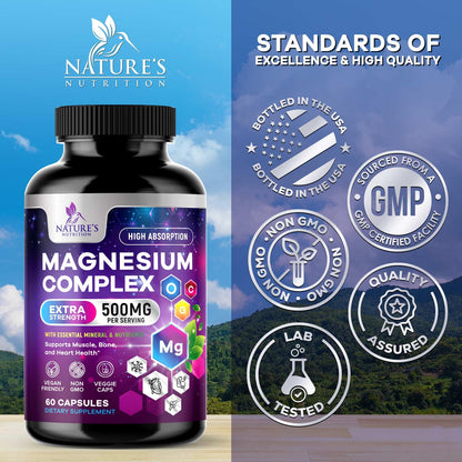 Magnesium Complex Supplement - Magnesium 500 mg Per Serving - 4 in 1 High Absorption Blend - 100% Chelated Magnesium Glycinate with Malate, Citrate & Oxide - Vegan Complex - USA Bottled - 60 Capsules - Maple Wellness Supplements