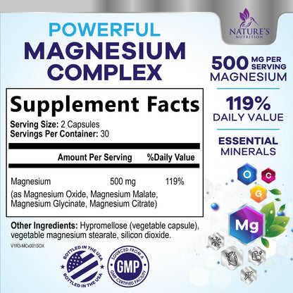 Magnesium Complex Supplement - Magnesium 500 mg Per Serving - 4 in 1 High Absorption Blend - 100% Chelated Magnesium Glycinate with Malate, Citrate & Oxide - Vegan Complex - USA Bottled - 60 Capsules - Maple Wellness Supplements