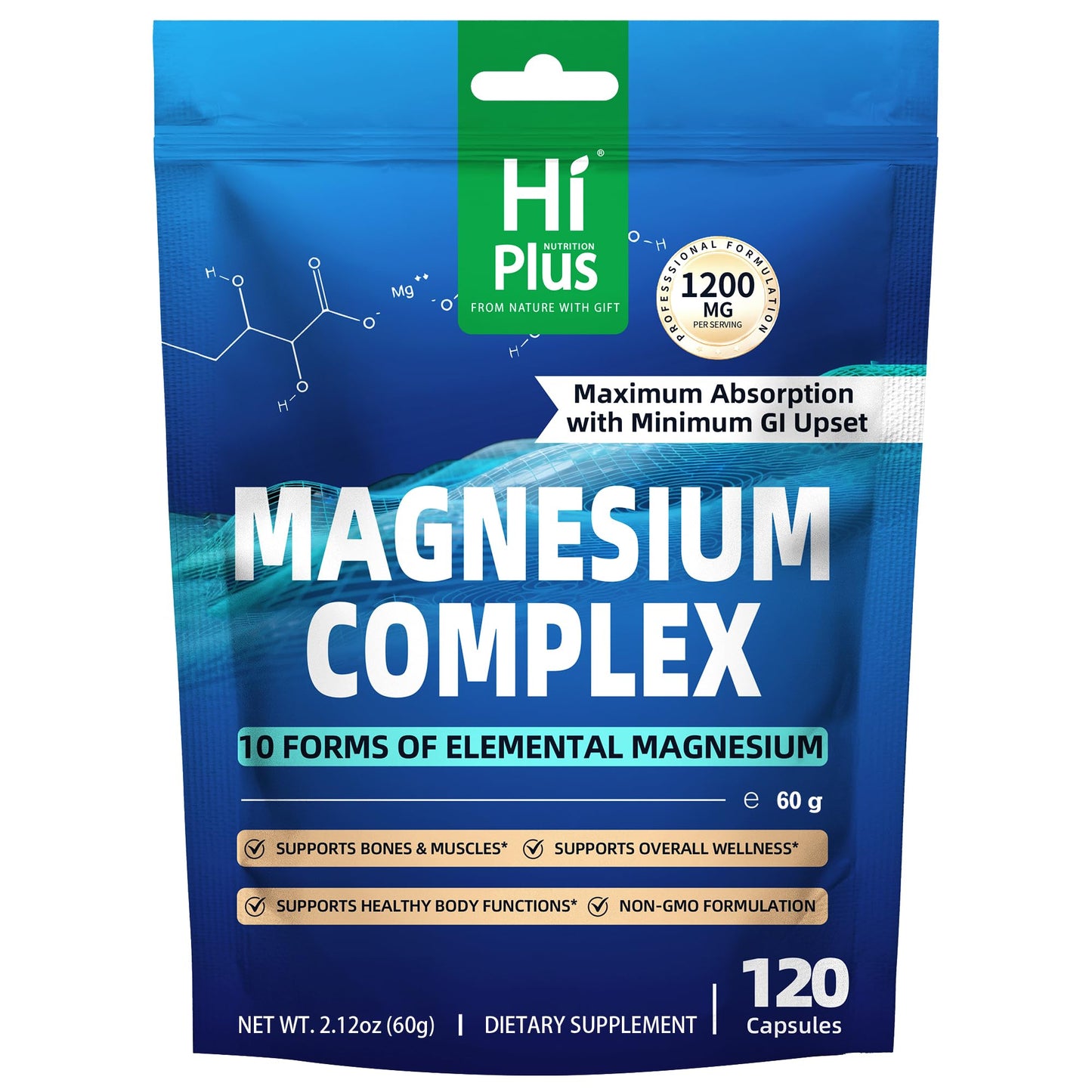 Magnesium Complex Supplement with 10 Forms of Elemental Magnesium, 1200 mg per Serving, Magnesium Glycinate, Citrate, Malate & Taurate, High Absorption Vegan Capsules, Non-GMO - Maple Wellness Supplements