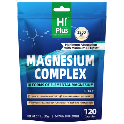 Magnesium Complex Supplement with 10 Forms of Elemental Magnesium, 1200 mg per Serving, Magnesium Glycinate, Citrate, Malate & Taurate, High Absorption Vegan Capsules, Non-GMO - Maple Wellness Supplements