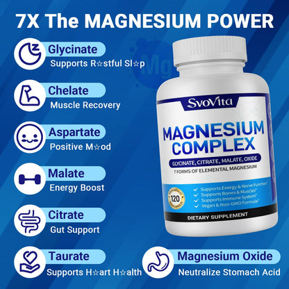 Magnesium Complex Supplement with 7 Forms of Magnesium Glycinate, Malate, Citrate & More, High Absorption for Bones, Muscle, Recovery, Energy, Vegan Non-GMO 120 Capsules - Maple Wellness Supplements