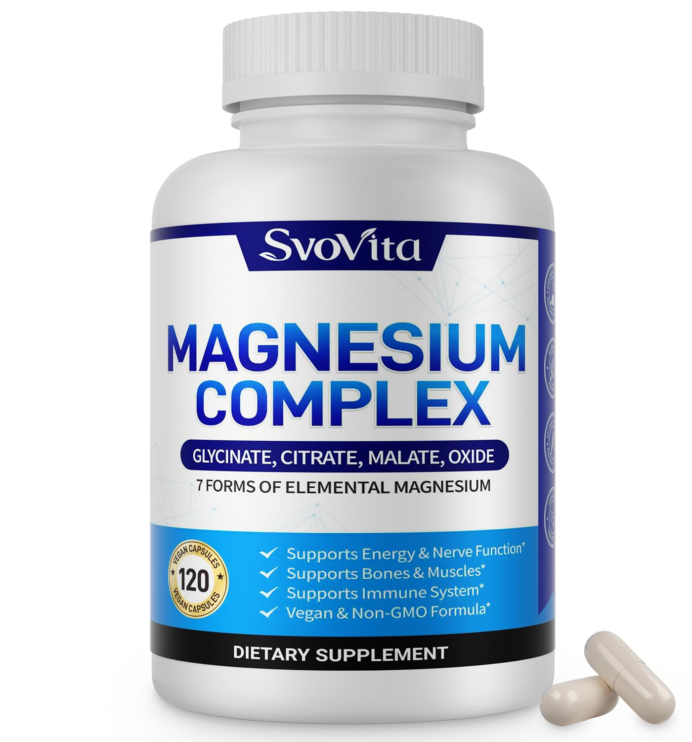 Magnesium Complex Supplement with 7 Forms of Magnesium Glycinate, Malate, Citrate & More, High Absorption for Bones, Muscle, Recovery, Energy, Vegan Non-GMO 120 Capsules - Maple Wellness Supplements