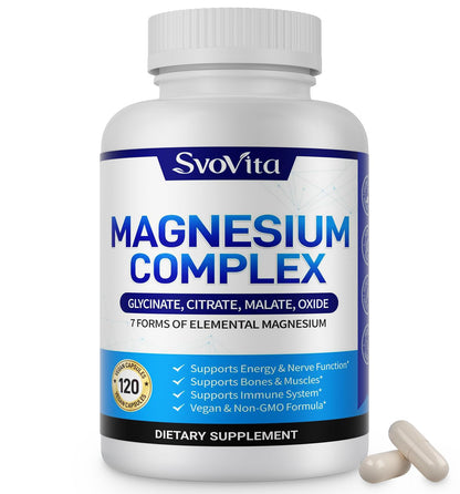 Magnesium Complex Supplement with 7 Forms of Magnesium Glycinate, Malate, Citrate & More, High Absorption for Bones, Muscle, Recovery, Energy, Vegan Non-GMO 120 Capsules - Maple Wellness Supplements
