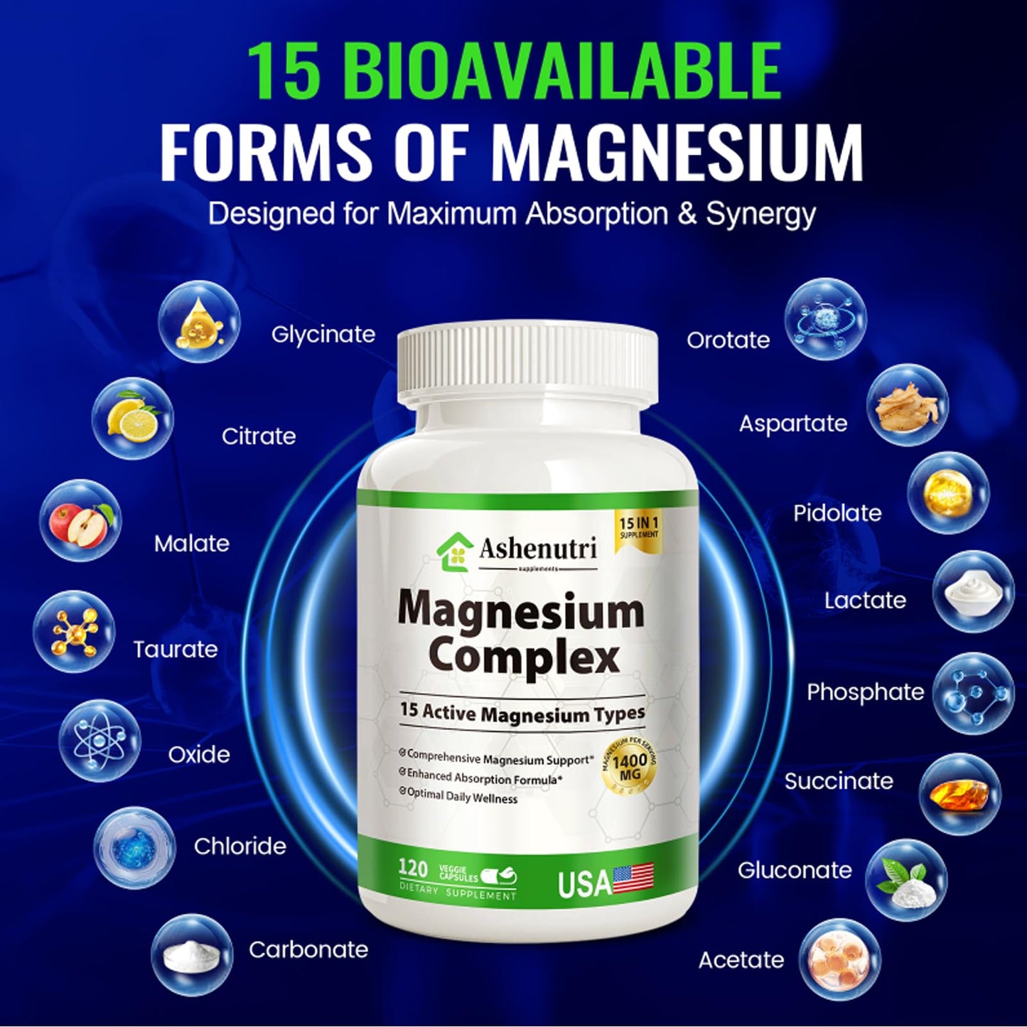 Magnesium Complex with 15 Types Magnesium Glycinate Citrate Malate Taurate Oxide Carbonate Chloride Orotate Magnesio Muscle, Heart, Relaxation & Nerves 120 Vegan Capsules, 60-Day Supply - Maple Wellness Supplements