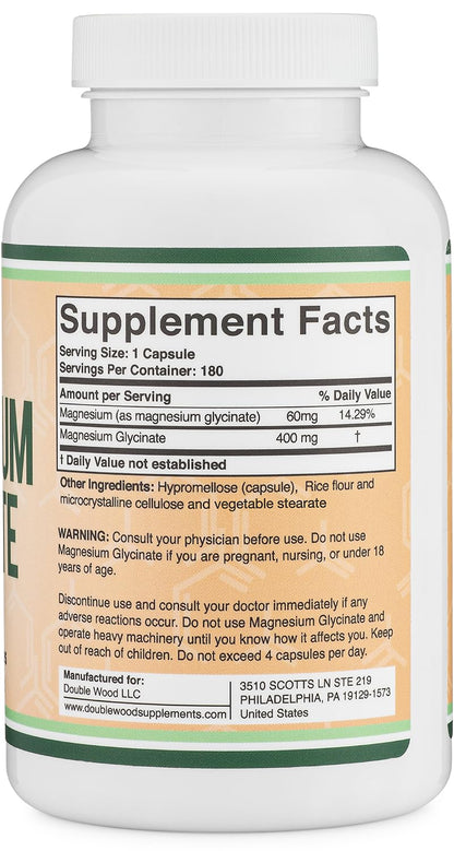 Magnesium Glycinate 400mg | 180 Capsules | Sleep, Muscle, & Heart Support | Vegan, Third Party Tested, Gluten Free, Non-GMO, by Double Wood Supplements - Maple Wellness Supplements