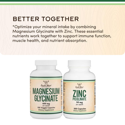 Magnesium Glycinate 400mg | 180 Capsules | Sleep, Muscle, & Heart Support | Vegan, Third Party Tested, Gluten Free, Non-GMO, by Double Wood Supplements - Maple Wellness Supplements