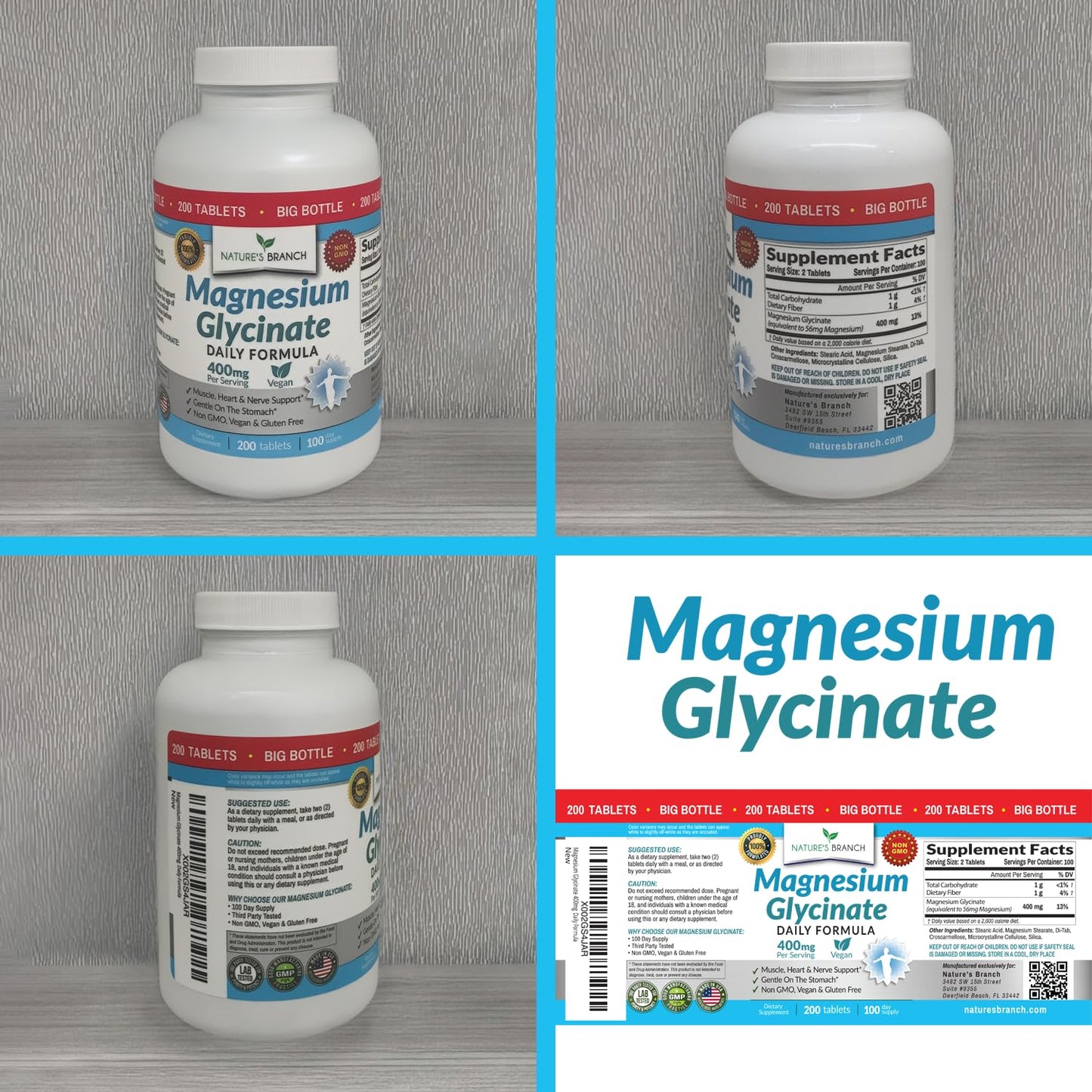 Magnesium Glycinate 400mg | 200 Tablets | High Absorption Mag Supplements for Sleep, Leg Cramps, Heart, Muscle, Calm | Non Buffered Bisglycinate, Extra Strength for Women and Men, Tablets Not Capsules - Maple Wellness Supplements