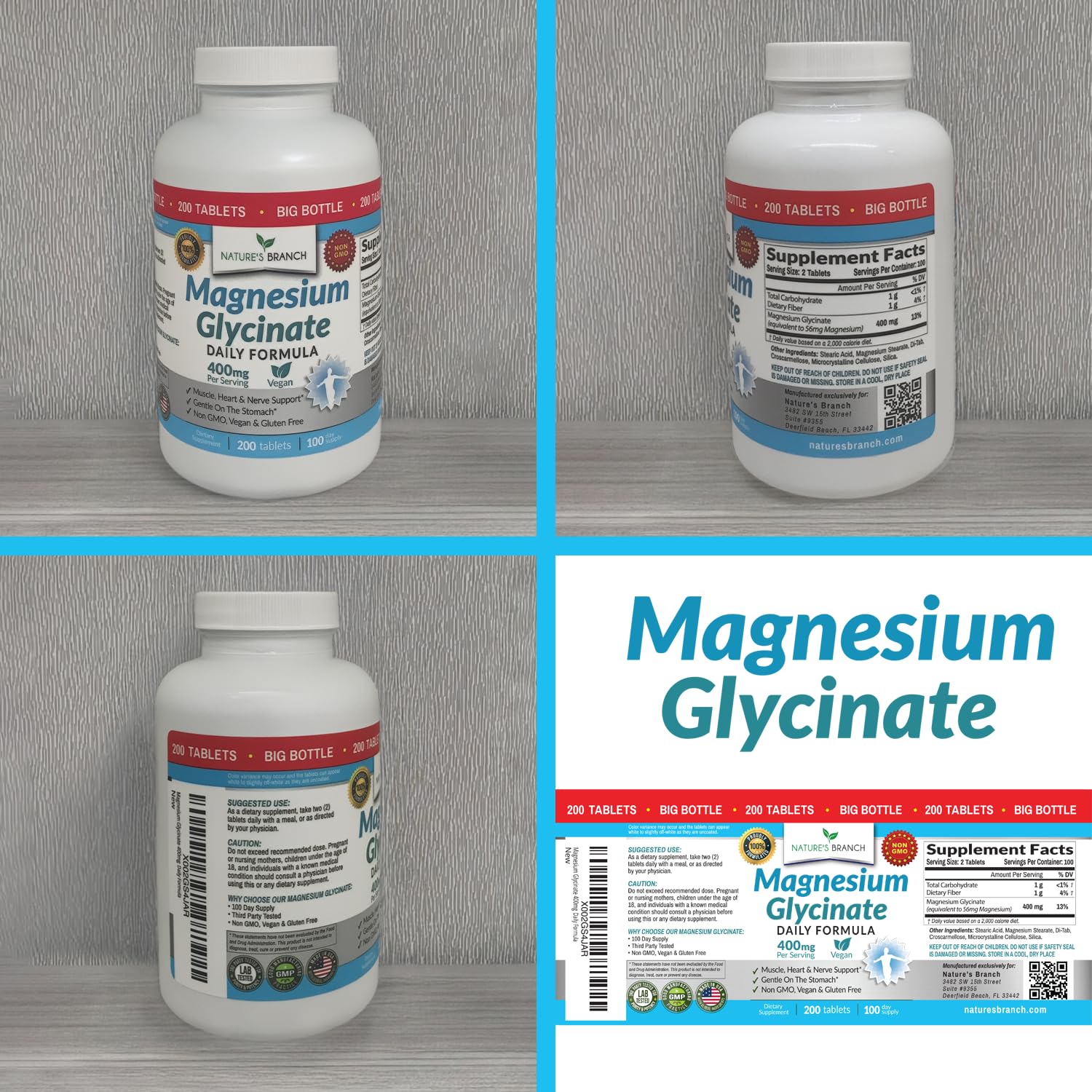 Magnesium Glycinate 400mg | 200 Tablets | High Absorption Mag Supplements for Sleep, Leg Cramps, Heart, Muscle, Calm | Non Buffered Bisglycinate, Extra Strength for Women and Men, Tablets Not Capsules - Maple Wellness Supplements