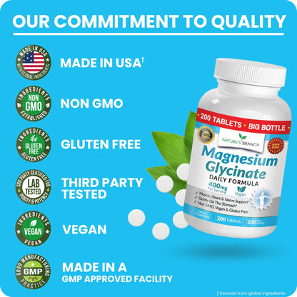 Magnesium Glycinate 400mg | 200 Tablets | High Absorption Mag Supplements for Sleep, Leg Cramps, Heart, Muscle, Calm | Non Buffered Bisglycinate, Extra Strength for Women and Men, Tablets Not Capsules - Maple Wellness Supplements