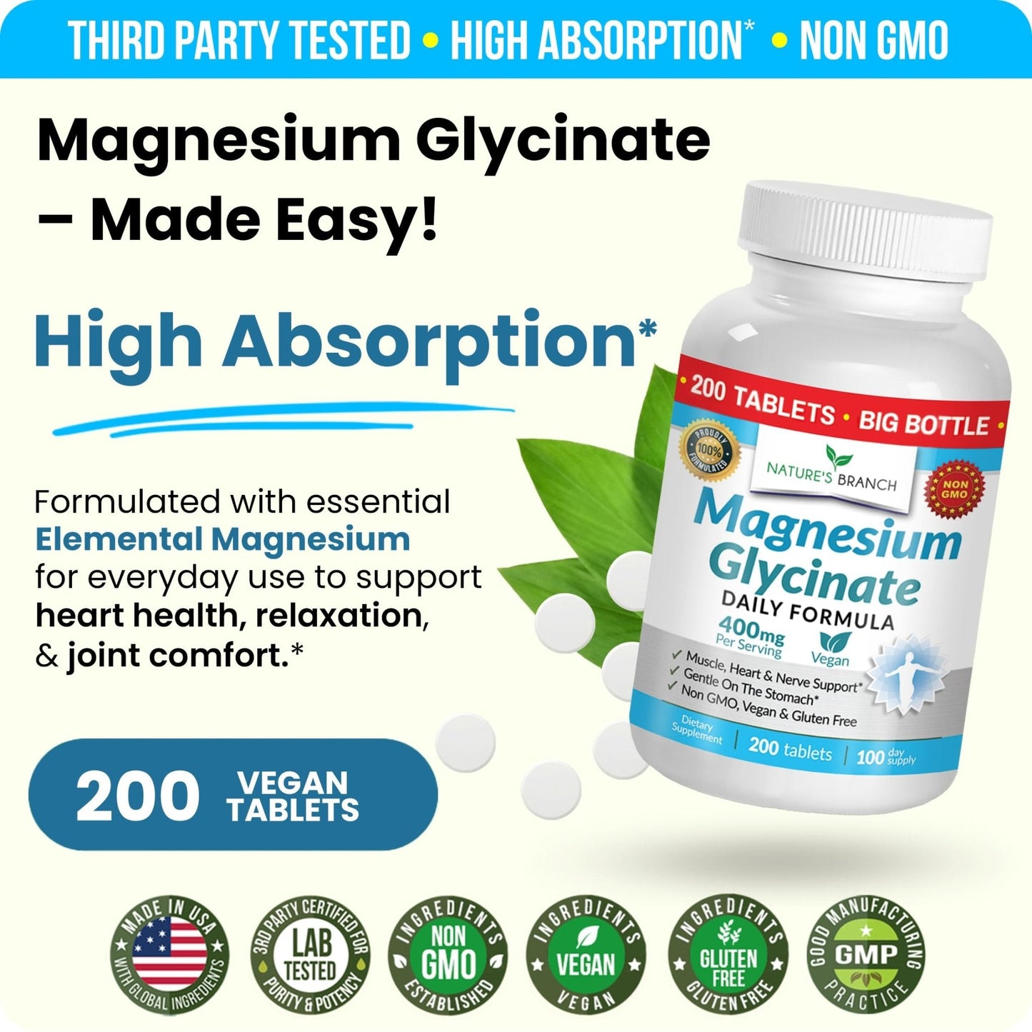 Magnesium Glycinate 400mg | 200 Tablets | High Absorption Mag Supplements for Sleep, Leg Cramps, Heart, Muscle, Calm | Non Buffered Bisglycinate, Extra Strength for Women and Men, Tablets Not Capsules - Maple Wellness Supplements