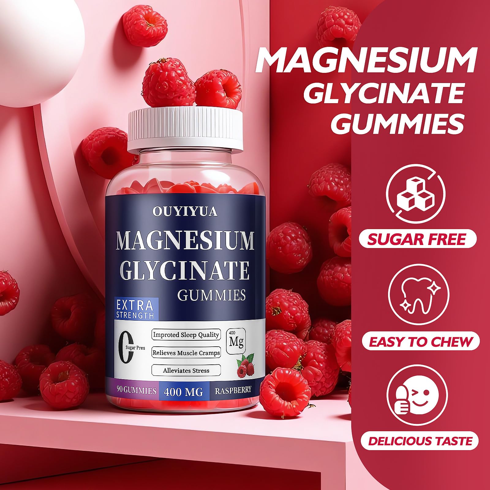 Magnesium Glycinate 400mg Gummies, Sugar Free Magnesium Gummies with Vitamins D, B6 for Sleep Support, - Maple Wellness Supplements