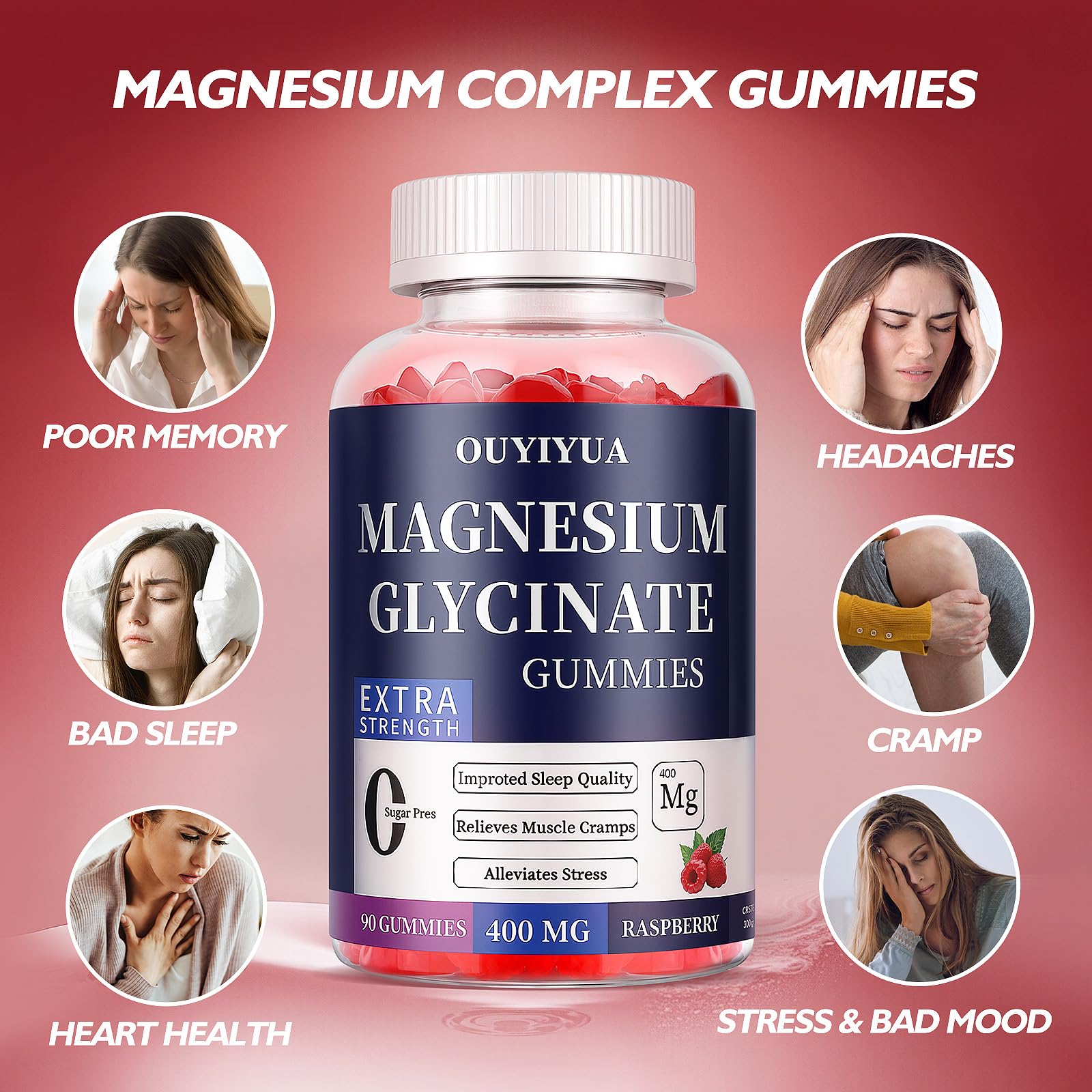 Magnesium Glycinate 400mg Gummies, Sugar Free Magnesium Gummies with Vitamins D, B6 for Sleep Support, - Maple Wellness Supplements