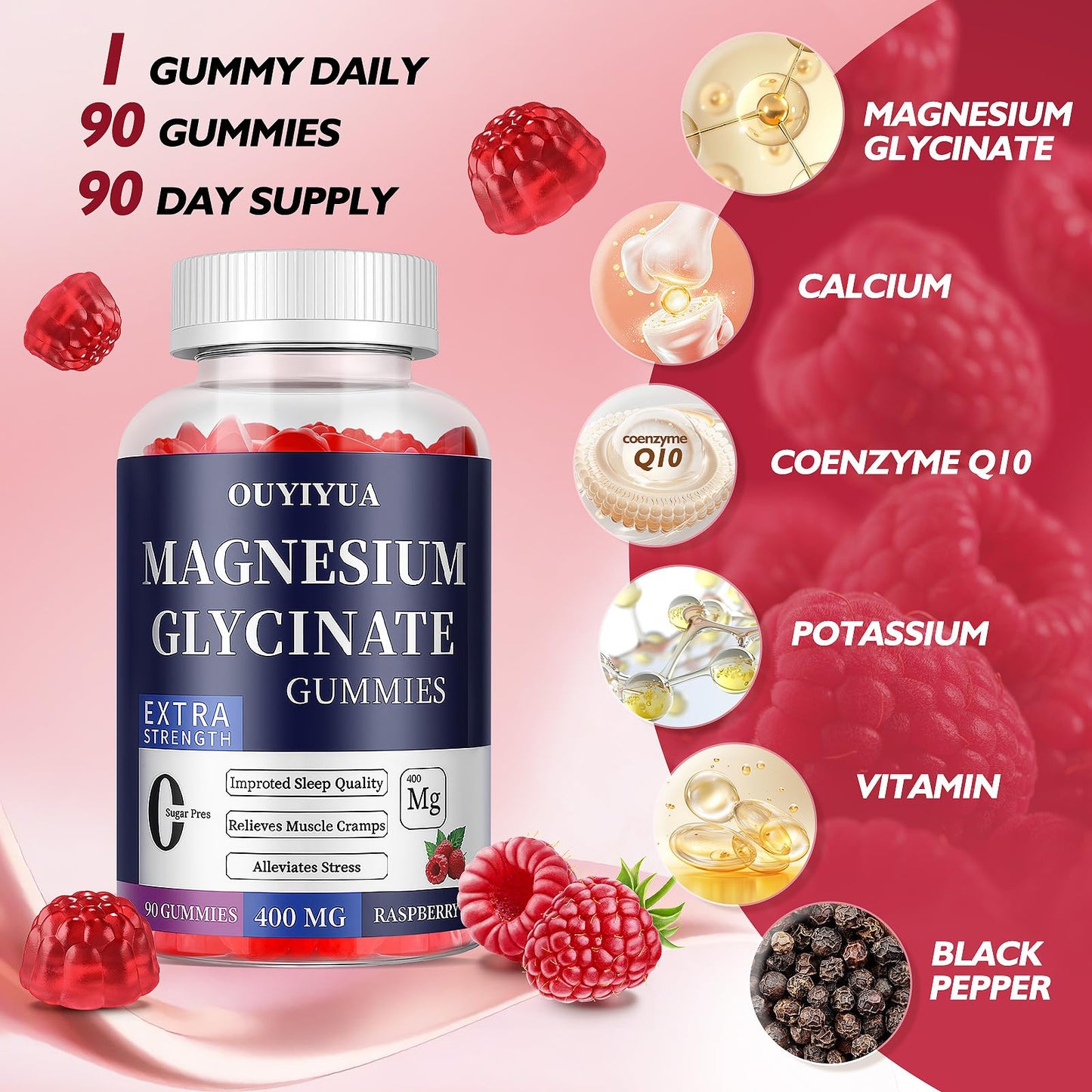Magnesium Glycinate 400mg Gummies, Sugar Free Magnesium Gummies with Vitamins D, B6 for Sleep Support, - Maple Wellness Supplements