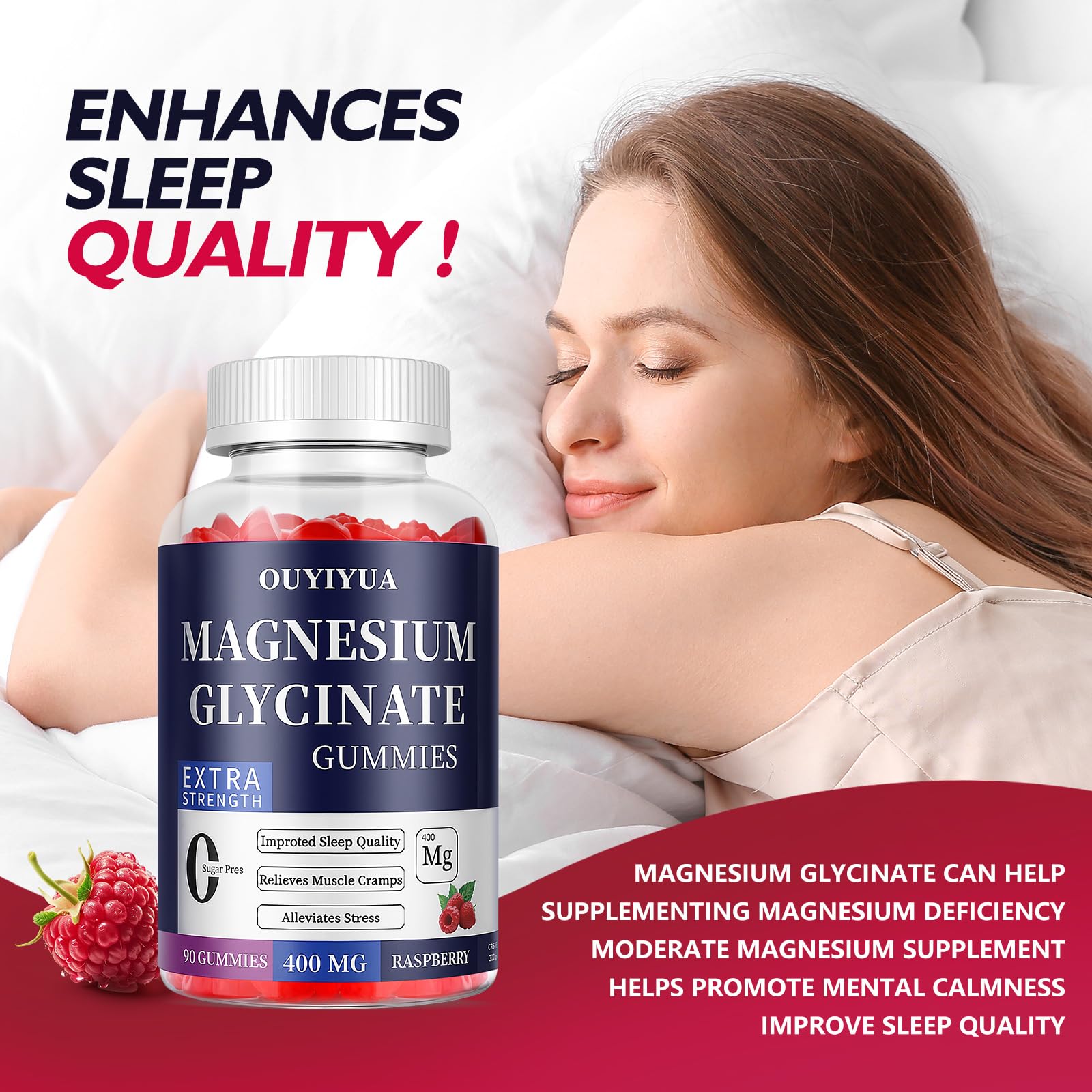 Magnesium Glycinate 400mg Gummies, Sugar Free Magnesium Gummies with Vitamins D, B6 for Sleep Support, - Maple Wellness Supplements