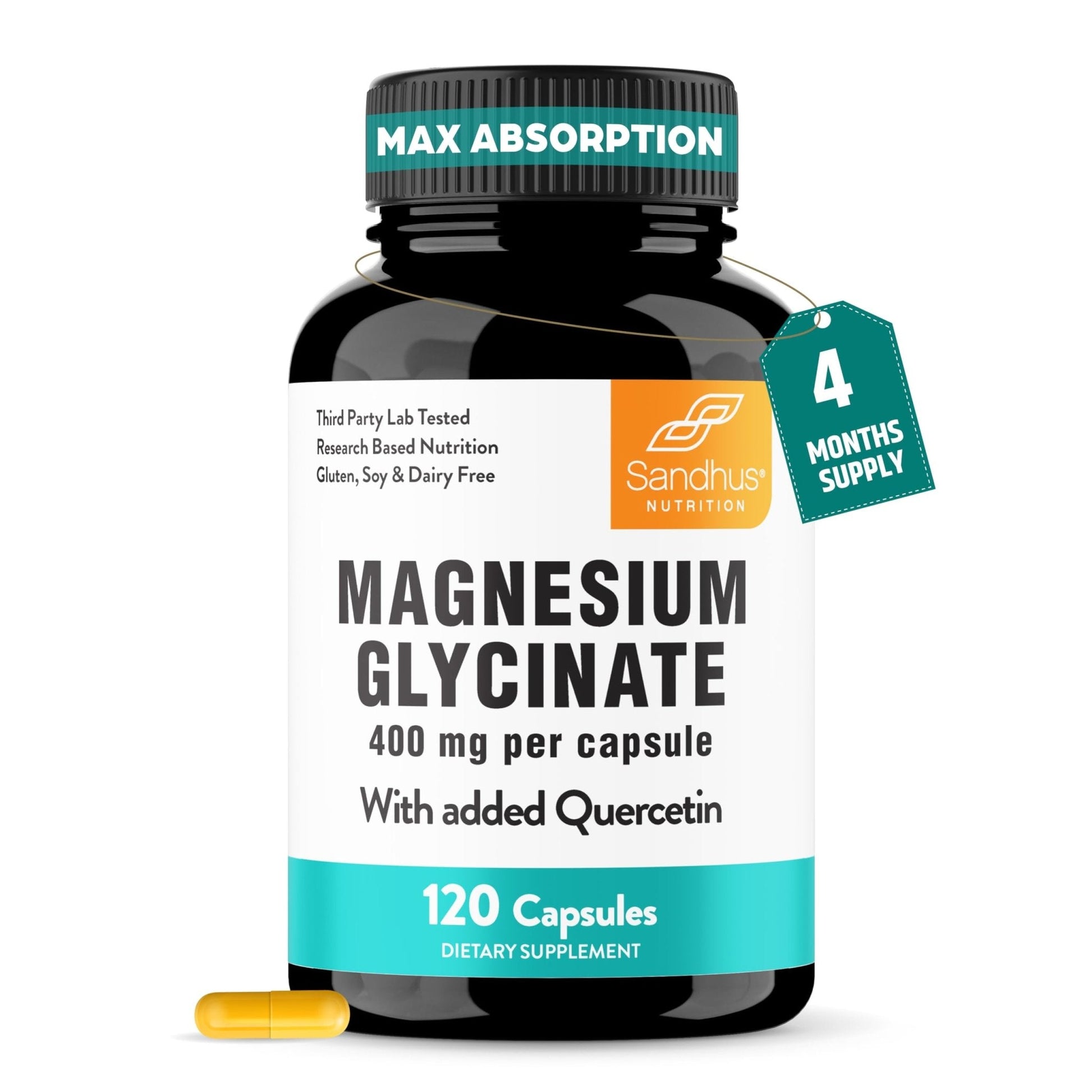 Magnesium Glycinate 400mg High Absorption Capsules with Quercetin | Quality Sleep, Relaxation & Muscle Health Supplement for Women and Men | Chelated Magnesium 120 Count - Maple Wellness Supplements